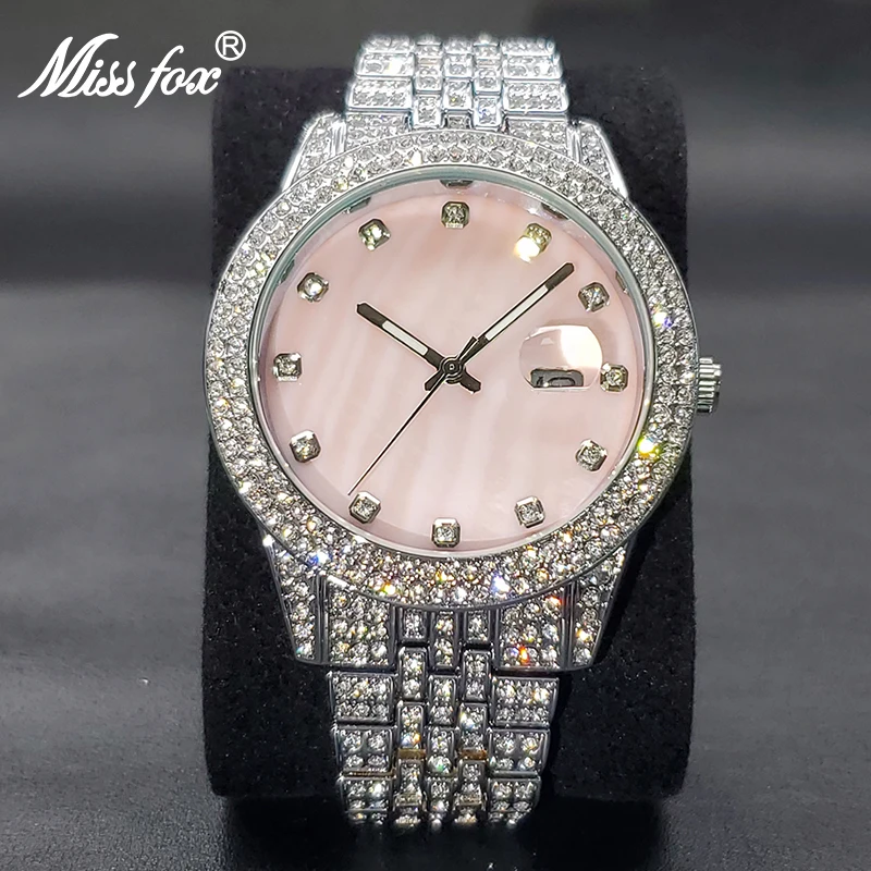 MISSFOX Designer Watch For Women Luxury Brand Ice Out Diamond Watches Different Pearl Pink Dress Wriswatches Couple