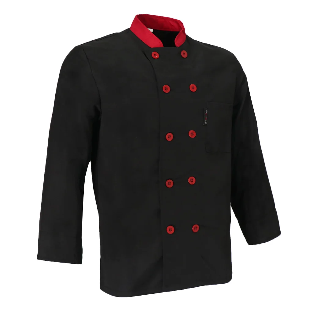 Женская Мужская куртка шеф-повара с длинными рукавами двубортная рубашка Униформа M-3XL - Цвет: Black 2XL