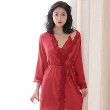 Халат Мини Ночное платье наборы сексуальная женская одежда для сна наборы кружева v-образным вырезом пижамы костюмы весна лето халат платье наборы