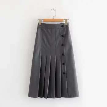 

Casual Button Side High Waist Summer A-line Pleated Skirts Women Solid Grey Work Pencil Skirts Elegant Ladies OL Midi Skirts