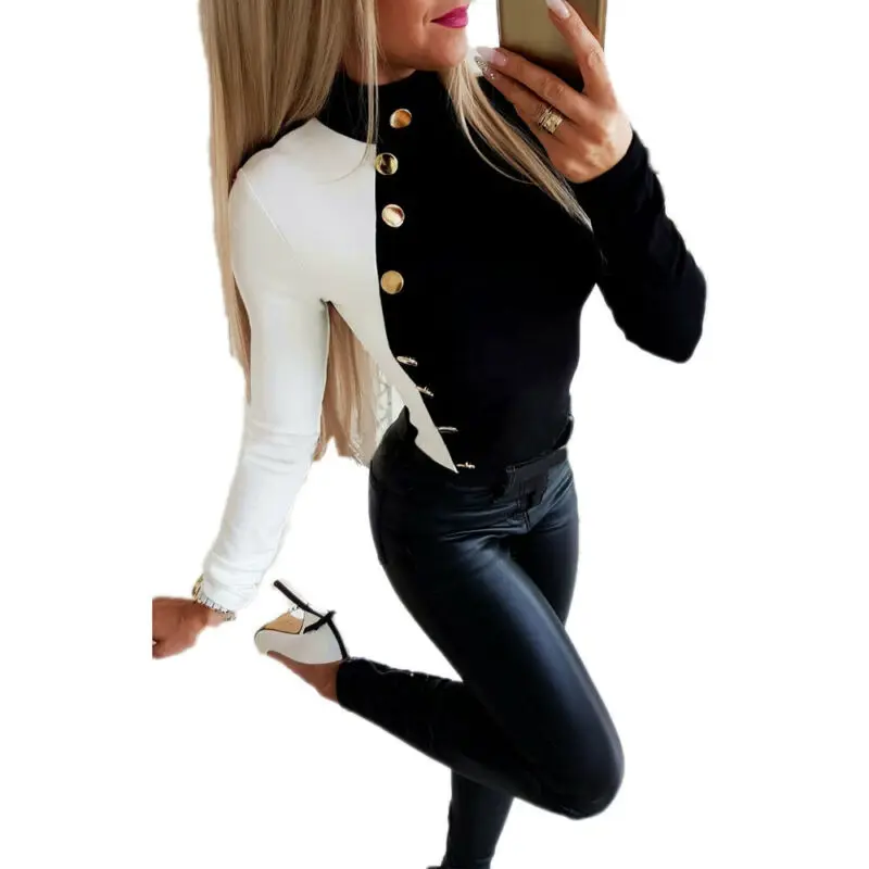 

Fashion Women's Long Sleeve Loose Casual T Shirt Spring Autumn Warm Color Patchwork T Shirt 2019 Button High Neck Tops T-Shirt