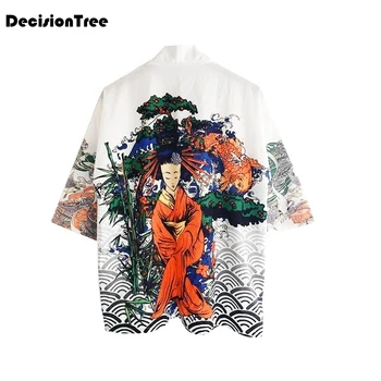 

2020 japanese style men three quarter sleeve cotton & linen streetwear kimono hip hop casual outerwear