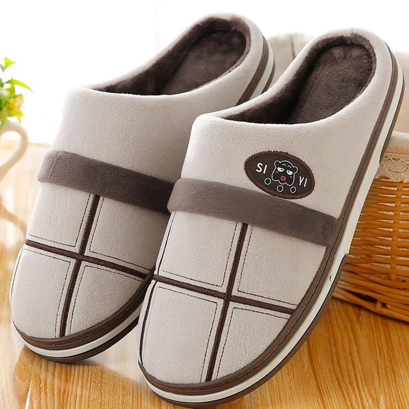 

Home Men Slippers Winter Big Size 45-50 Gingham Warm Fur Slippers for male Antiskid Suede Short Plush House shoes men Hot sale