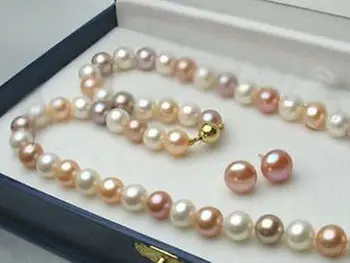 

New 8-9MM Multi-Color Akoya Cultured Pearl Necklace + Earring Set AAA