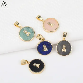 

5pcs/Lot Natural Lapis Agates Labradorite Round Gold Pendant Charms FIndings,Inlay Bird Pattern Charms For DIY Jewelry Making