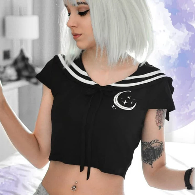 InsGoth черный короткий топ женские футболки готический панк облегающий Бандаж с коротким рукавом футболки женские с принтом Луны вырез лодочкой уличная