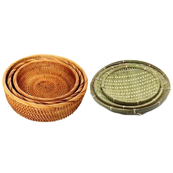 

3x Hadewoven Round Rattan Fruit Basket (3-Size Kit) & 3x Bamboo Basket Round Storage Box Fruit Bowl (S, M, L)