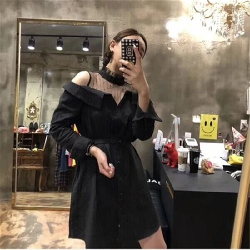 

2020 new Lace stitching lace-up womens corduroy dress off-shoulder turn-down collar soild color shirt dresses ladies