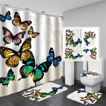 

Beautiful Butterfly Print Shower Curtain 4 Piece Carpet Cover Toilet Cover Bath Mat Pad Set Bathroom Curtain with Hooks