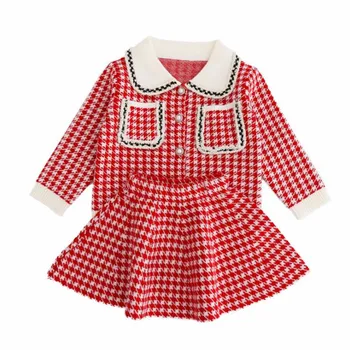 

DFXD High Quality Toddler Girls Clothes Set Spring 100% Cotton Houndstooth Knitted Cardigan Coat+Skirt Princess Costume 1-5T New