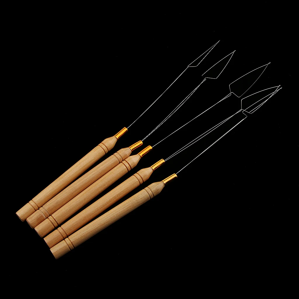 5Pcs Wooden Handle Pulling Loop Needles Kit Hair Extension Micro Beads Tools