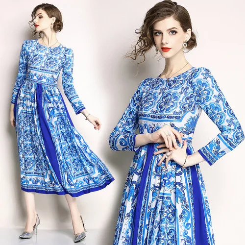 

Ozhouzhan 2019 New Products Floral Printed Dress Heat Transfer Floral Patterns-Style Slim Fit Blue And White Porcelain Long