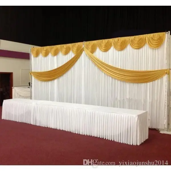 

10ft*20ft White ice silk Wedding Backdrop Curtain With Swags gold drape Luxury Wedding Props Satin Drape curtain party decortion