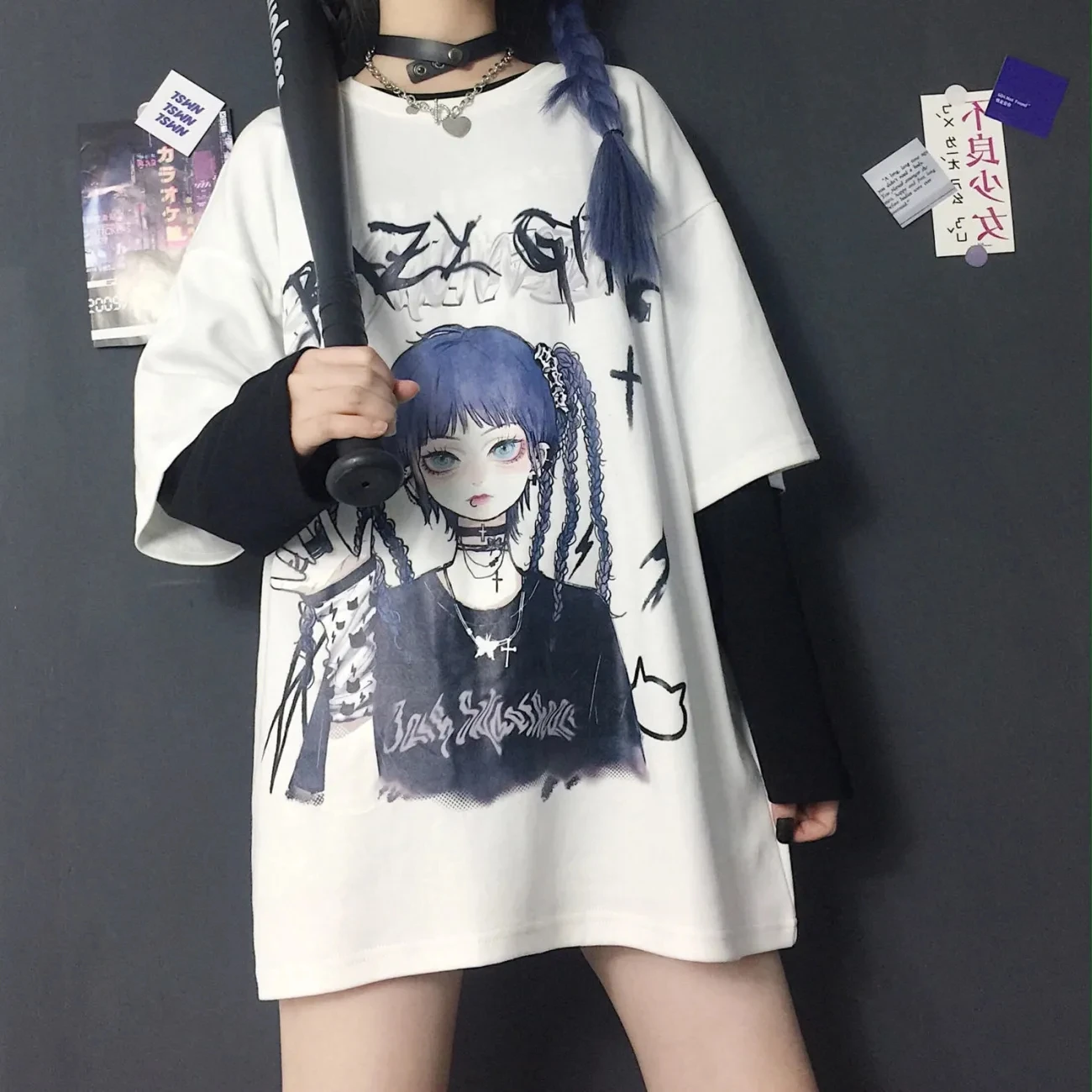 Camiseta E Anime feminina, roupa Harajuku com capa de braço, blusa