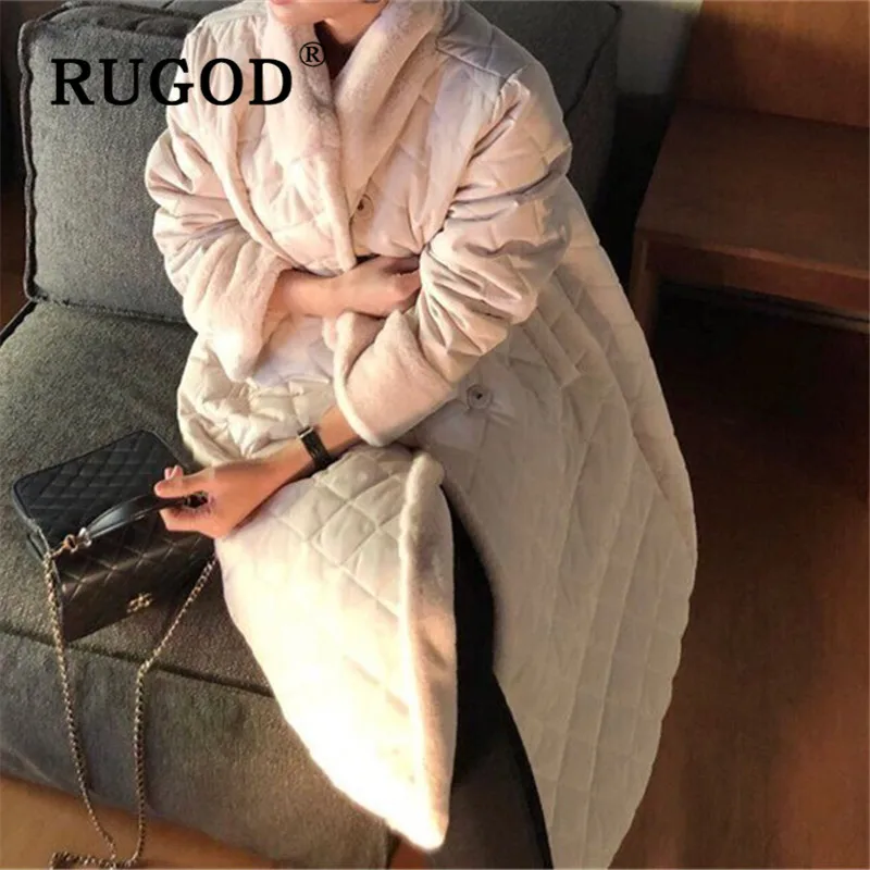 RUGOD New Winter Women Thick Cutton Coat Velvet Turn-down Collar Diamond Block Lattice Warm Long Jacket French Elegant Coat