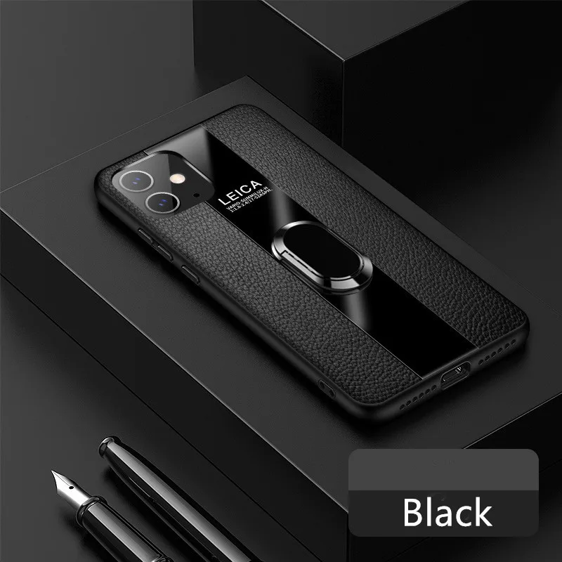 Роскошный стеклянный силиконовый кожаный чехол для iPhone 6, 6s, 7, 8 Plus, 11 Pro, Max, бизнес-чехол с магнитным кольцом на палец, автомобильный чехол-подставка - Цвет: Black