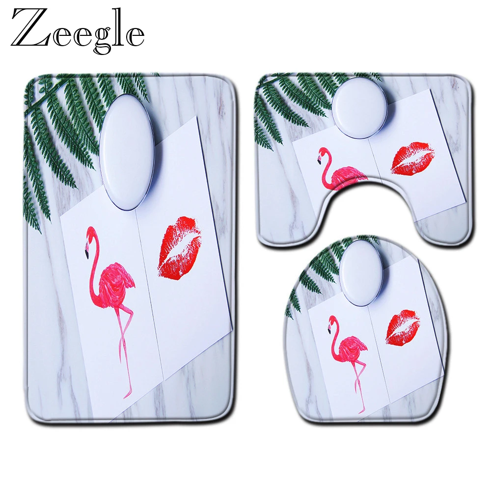 3pcs Bathroom Carpet Set Anti-slip Bathroom Shower Mat Absorbent Soft Bath Foot Mat Flame Bird Printed Toilet Cover Seat Mat