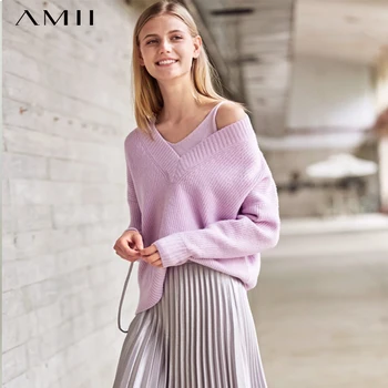 

Amii Autumn Women Two Pieces Set Female Elegant V Neck Sling Tank and Pullovers Sweater Tops 11820125