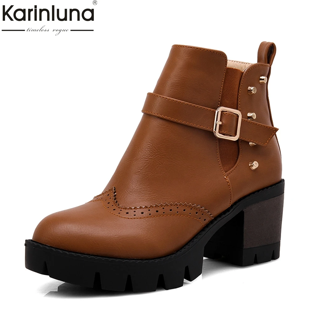 

Women's 2019 HIGH quality big size 43 Leisure chunky heels shoes woman boots female British style brogue shoes ankle boots women