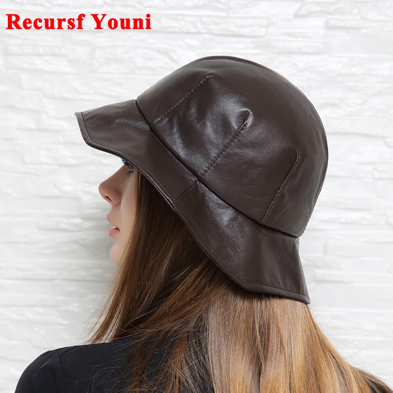 

Winter Genuine Leather Hat For Women Korean British Bud Shape Big Brim Basin Caps Japanese Female White Fisherman Top Fedoras