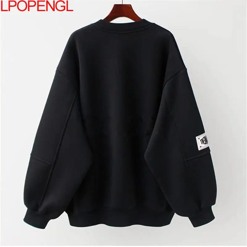 Women Hoodies Korean Kawaii Cartoon Print Female Sweatshirts O Neck Long Sleeve Thick Outwear  Oversize Casual  Pullovers Top