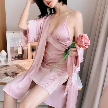 

Sexy Imitated Silk Pajamas with Chest Pad Spring and Autumn New Style Viscose Slip Nightdress Nightgown Piece Tracksuit