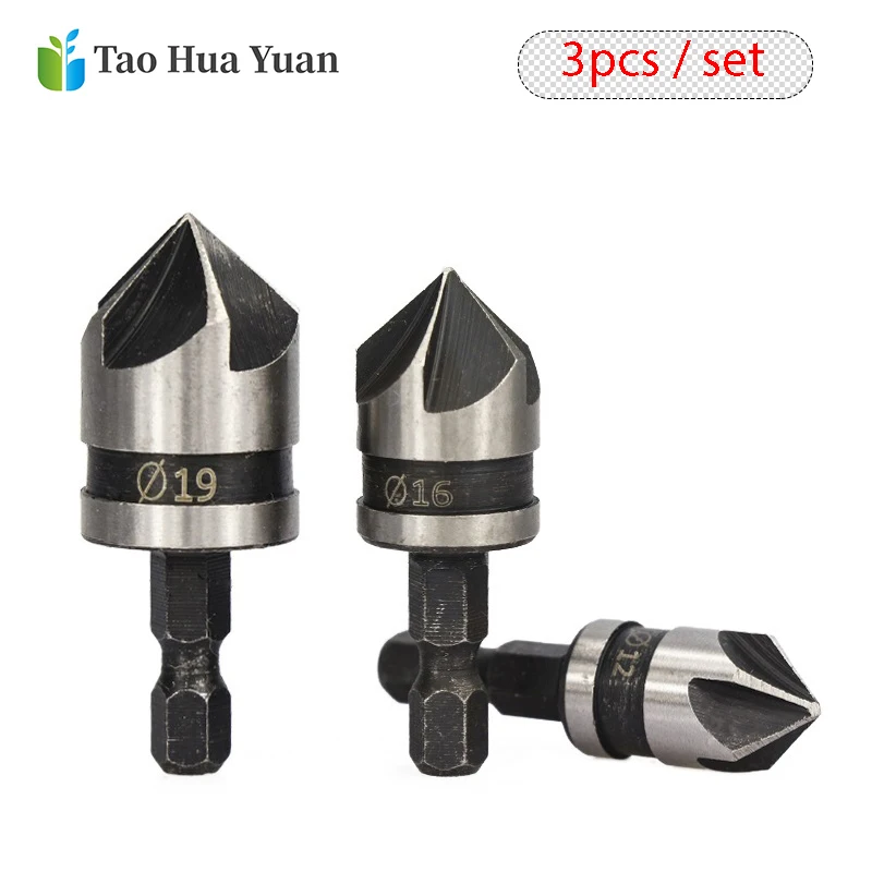 3pcs Carbon Steel 90 Degrees Round Shank Five-Edge Chamfer 12/16/19mm Countersink Woodworking Hole Opene Punching Hand Tools Set