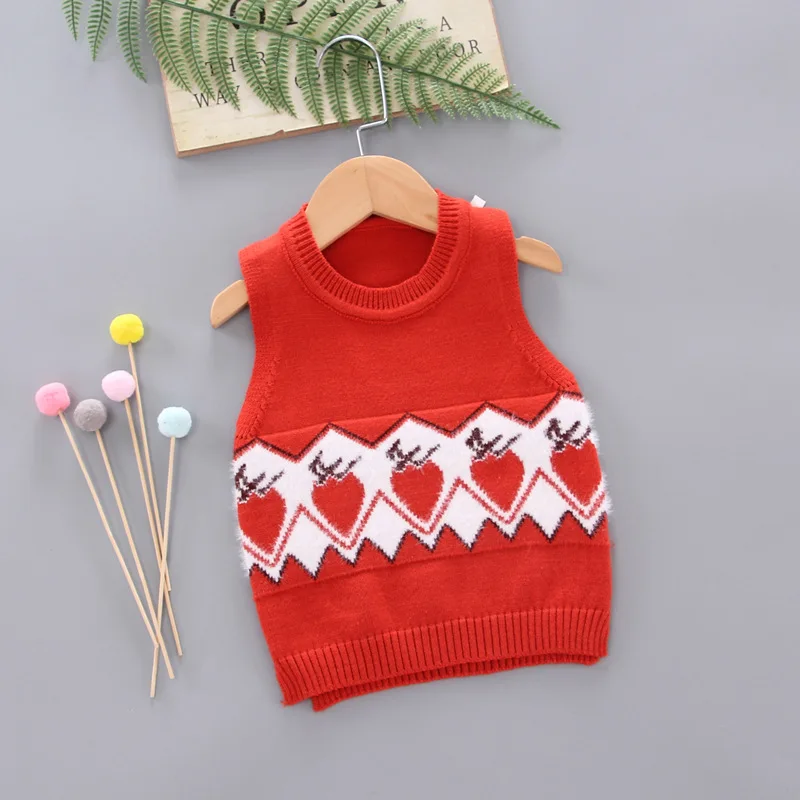 

Childrenswear 2019 Children Autumn Clothing New Style Strawberry Pullover Sleeveless Knitted Vest Cartoon Vest