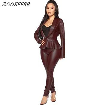

ZKYZWXPU Leather 2 Two Piece Set Women Festival Clothing Top and Pant Sweat Suits Sexy Club Fall Winter Outfits Matching Sets