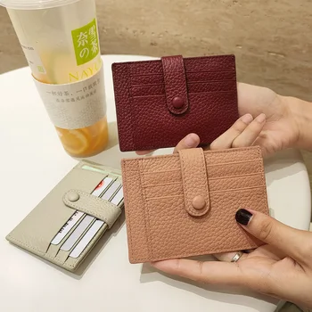 

2020 AW Snap button closure Small Mini slim Genuine Cow Leather Bank Business Id Card Holder Wallet Case For women men Wallet