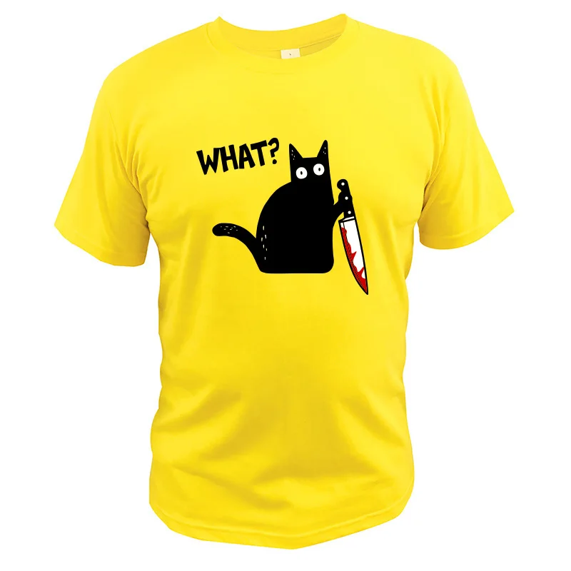 Забавная футболка на Хэллоуин с изображением кота, кота и ножа, мягкая футболка с круглым вырезом, европейский размер, хлопок, с принтом, Camiseta