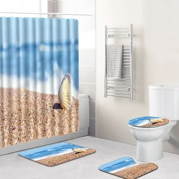 

4pcs/set Bathroom Waterproof Shower Curtain Ocean Series Printed Water Absorbing Toilet Cover Mat Foot Pad Home Bath Decoration