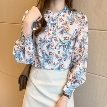 

Chinese Style Shirt 2021 Autumn Pastoral Style Floral Stand-up Collar Blouses Long-sleeved Printing Button Up Silk Blouse Women