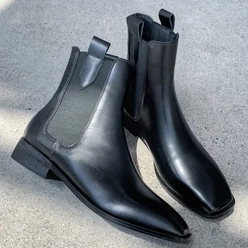 

Women's genuine leather elasstic patchwork slip-on chelsea boots square toe gradient color retro autumn short booties shoes sale