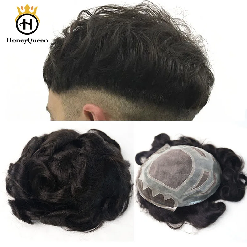 

Hair Toupee Men Natural Looking 100% European Human Hair Fine Mono Poly Around Toupee Replacement System Honey Queen Remy