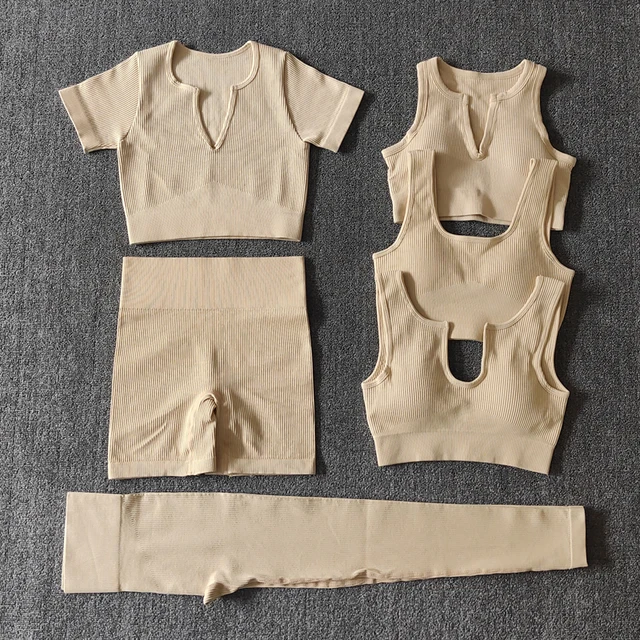 2/4/6PCS Seamless Women Yoga Set Workout Sportswear Fitness Bra Sport Pants Gym Clothing High Waist Leggings Shorts Sports Suits 6PCSBeige