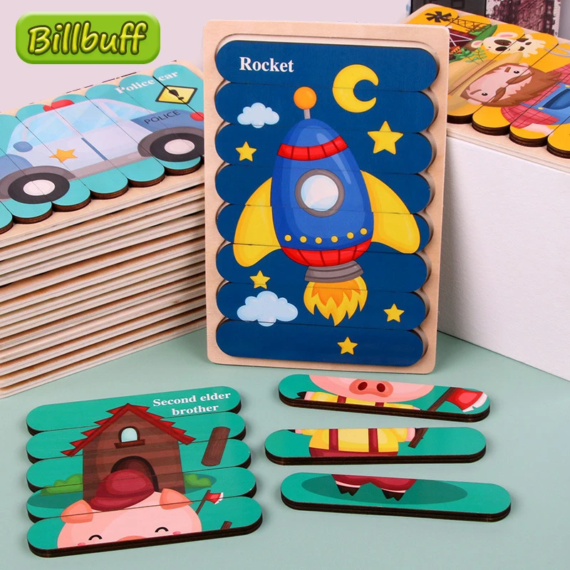 

Hot Kid Wooden Toy Double-sided 3D Puzzle Creative Strip Puzzle Telling Stories Stacking Jigsaw Montessori Toy for Children Gift