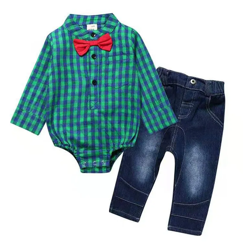 Осенне-весенний комплект одежды для маленьких мальчиков; костюмы для новорожденных; рубашка в клетку с длинными рукавами+ джинсы; комплекты одежды для детей