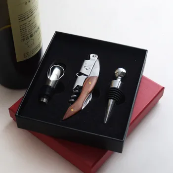 

Gift box wine bottle opener set Corkscrew wine bottle stopper Pourer Wooden handle stainless for Kitchen Bar Wedding Souvenir