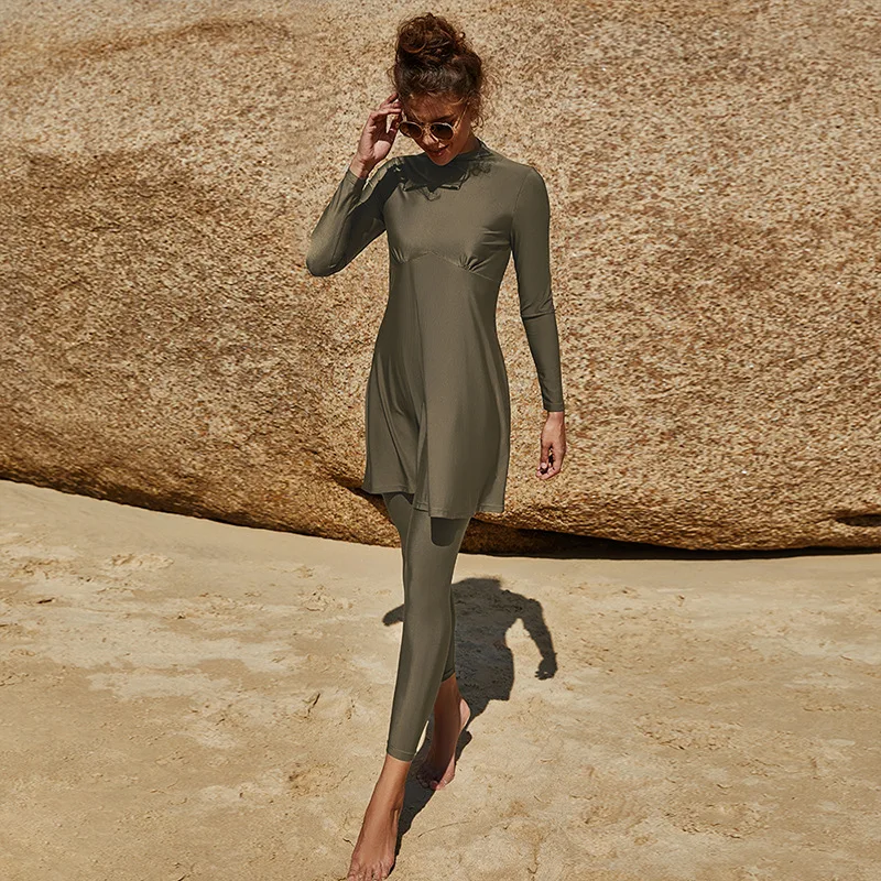 Summer Burkini Muslim Swimwear Female Two-Piece Set Swimsuit Long Sleeve Beach Swimming Suit With Folds mujer islamico купальник