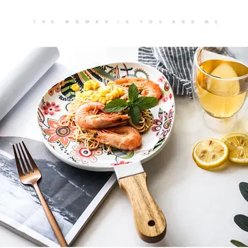 

Nordic Dinner Plate Ceramic Dish Steak Salad Tray with Wooden Handle Food Home Decor Oval Dishes drip Plate Flower Dinner plate