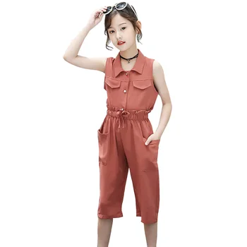 

Teenage Clothes Solid Blouse + Calf-Length Pants 2 Pcs Girls Clothes Sleeveless Kids Clothes Girl Casual Summer Suit For Girls