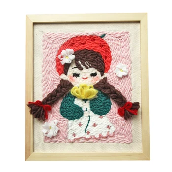 

DIY Knitting Wool Rug Hooking Kit Handcraft Woolen Embroidery 25 x 30cm Wooden Frame Poke Needle Photo Frame Girl Strawberry Hat