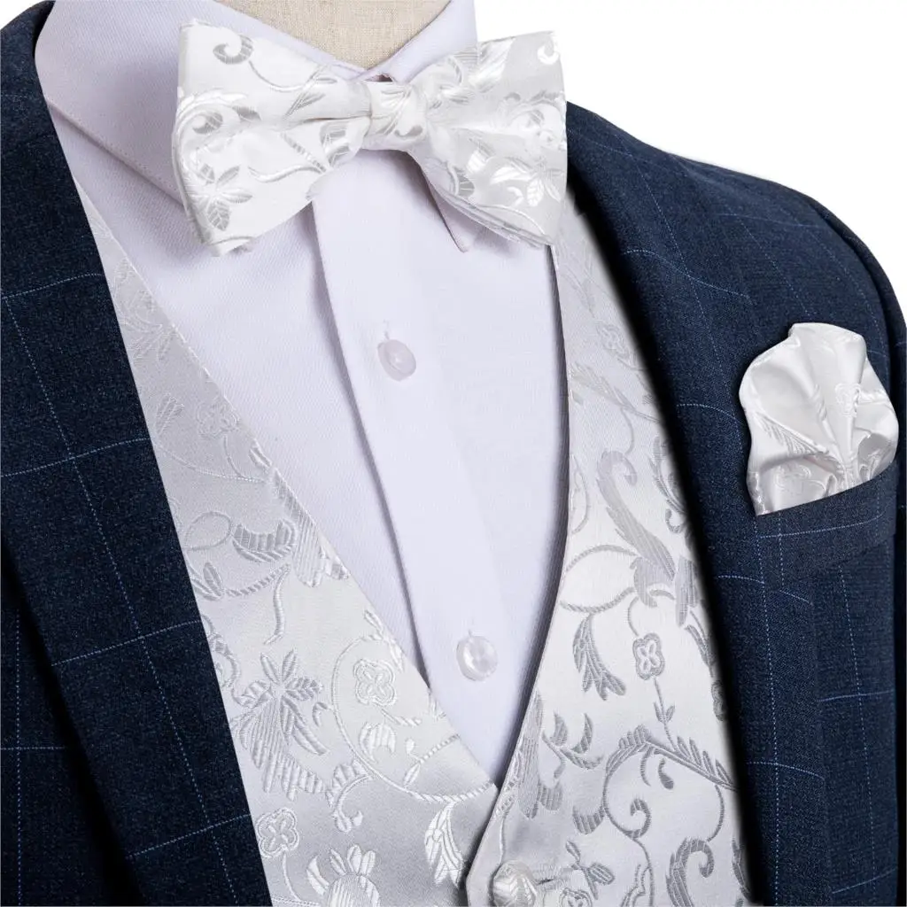 

Men's White Floral Fashion Wedding Silk Waistcoat Vest For Men Bowtie Hanky Cufflinks Cravat Set for Suit Tuxedo DiBanGu MJ-116