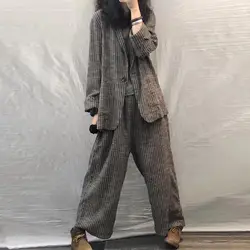 2021 primavera outono feminino terno tamanho grande ternos casuais moda arte retro solto 2 peça conjunto feminino terno blazer e calças conjunto de linho