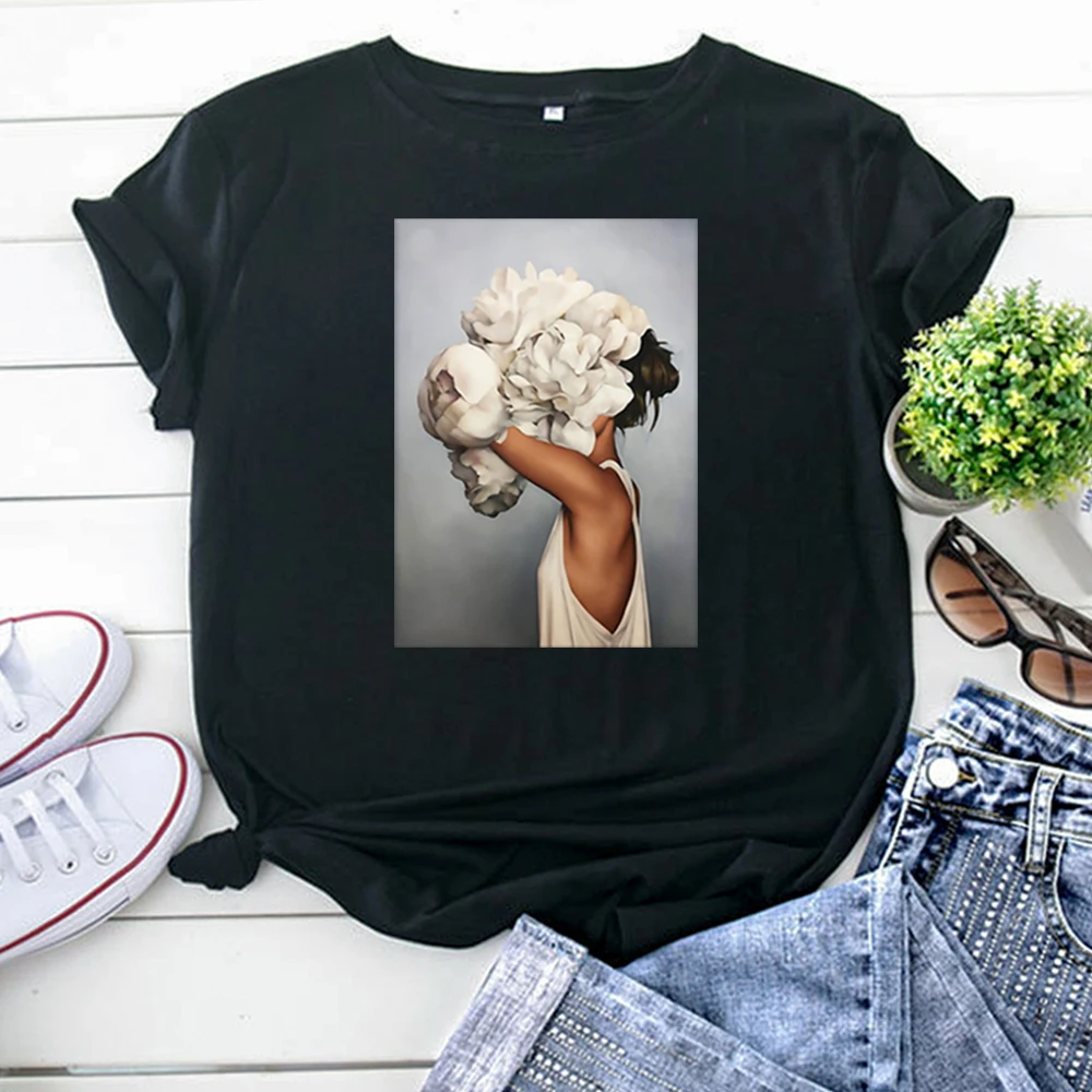 T Shirt Woman Flovers Girl Painting Personality Women'S T Shirts Vintage Casual Tshirts For Women Crewneck Hip Hop Women Shirt