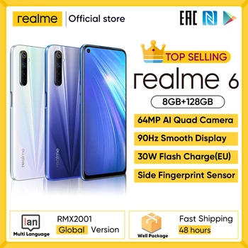 Перейти на Алиэкспресс и купить Realme 6 8 Гб 128 NFC глобальная версия 90 Гц Дисплей Helio G90T 30 Вт мгновенная зарядка 4300 мА/ч, Батарея 64MP