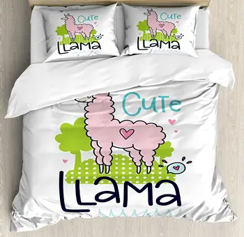 

Llama Duvet Cover Set Cute Llama Pattern with Abstract Color Palette Cartoon Character Design Pink Animal Bedding Set Multicolor