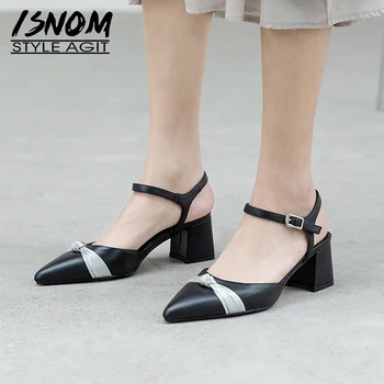 

ISNOM Women Sandals Mixed Color Leather Shoes Woman Pointed Toe Bow Tie Ladies Sandals Hoof High Heels Shoes