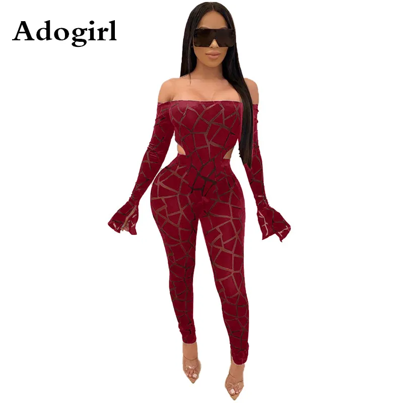Fashion Print Flare Long Sleeve Bodysuit +Skinny Pants Tracksuit Sexy Slash Neck Night Club Two Piece Set Christmas Outfits |